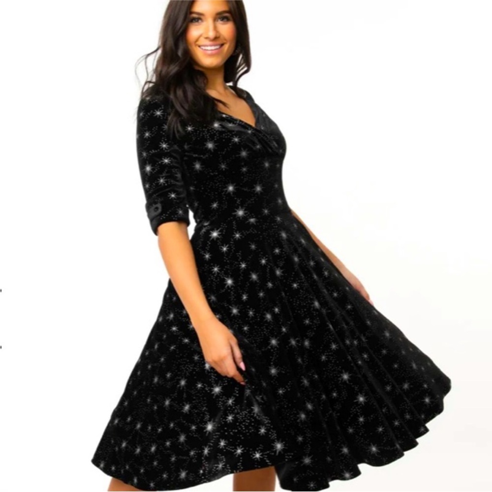 Unique‎ Vintage Silver Stars Velvet black Delores Swing Dress retro size small 4